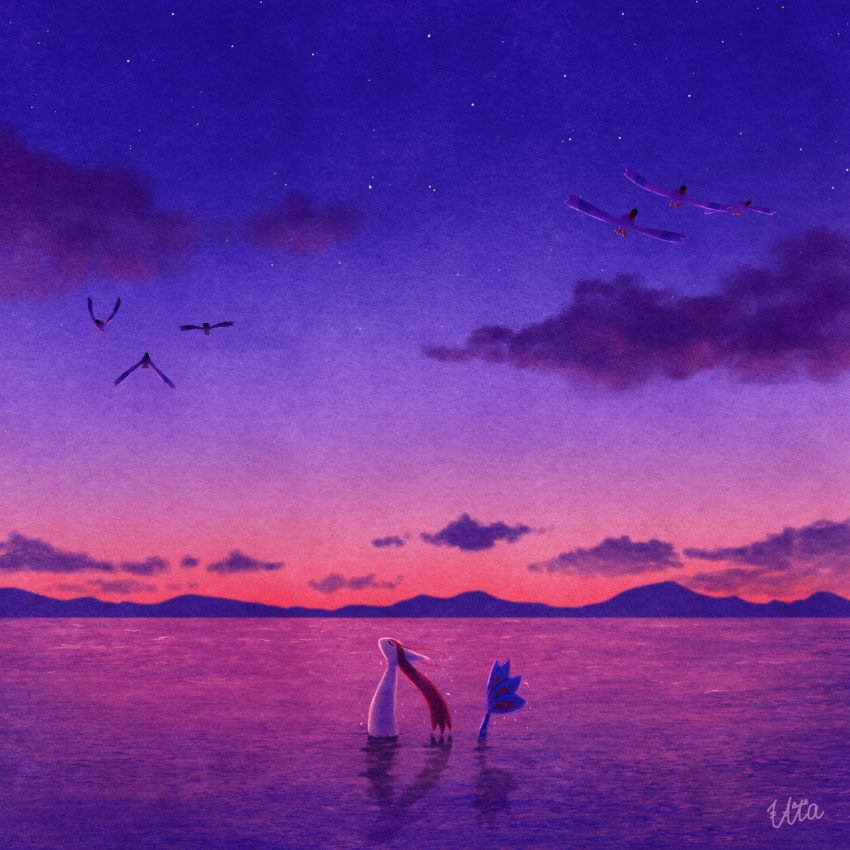 bird closed_eyes cloud commentary_request gen_3_pokemon highres milotic nintendo no_humans outdoors pokemon pokemon_(creature) reflection signature sky twilight uta_(pixiv_4699580) water wingull