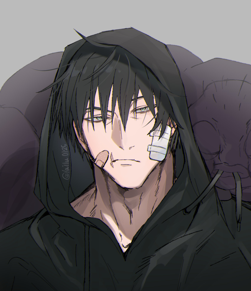 1boy bandage_on_face bandages bandaid bandaid_on_cheek bandaid_on_face black_hair black_hoodie cursed_spirit_(jujutsu_kaisen) drawstring expressionless fushiguro_touji grey_background highres hood hood_up hoodie inventory_curse_(jujutsu_kaisen) jujutsu_kaisen lailu looking_at_viewer male_focus mature_male muscular muscular_male scar scar_on_face scar_on_mouth short_hair simple_background solo worm