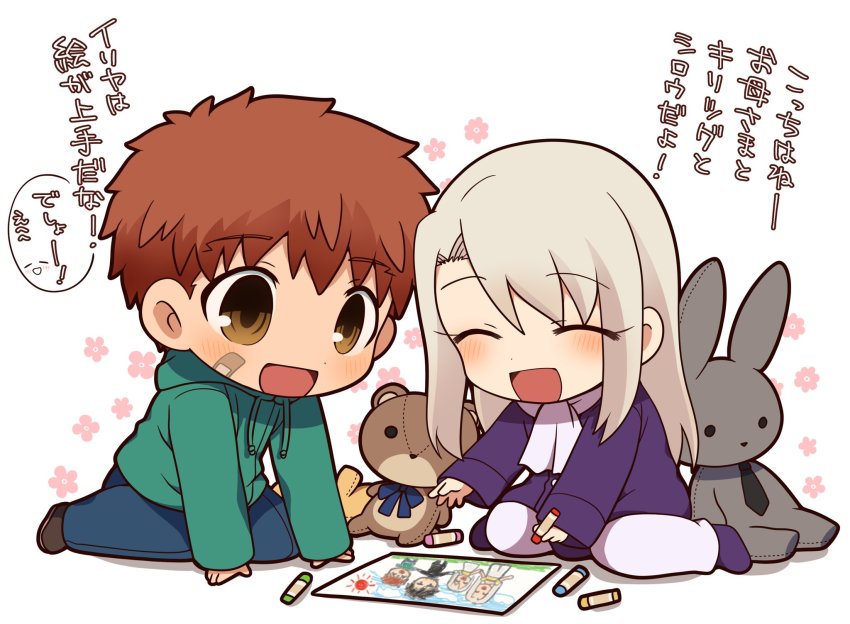 1boy 1girl aged_down alternate_universe child child&#039;s_drawing coat crayon drawing emiya_shirou fate/zero fate_(series) highres holding holding_crayon illyasviel_von_einzbern orange_hair paper scarf short_hair stuffed_toy translation_request tsubuta_hiro white_hair winter_clothes yellow_eyes