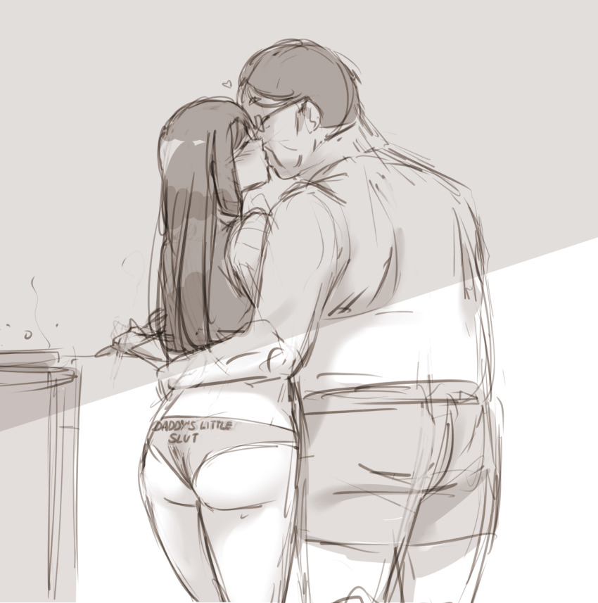 1boy 1girl age_difference ass bad_tag breasts closed_eyes cowboy_shot daddy_fetish fat fat_man from_behind glasses greyscale heart helmet hetero hibike!_euphonium highres indoors karmaniac kiss kousaka_reina long_hair monochrome older_male_and_younger_female panties standing underwear