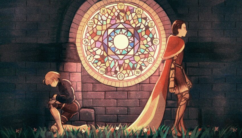 2boys ahoge aquarius_(symbol) aries_(symbol) armor armored_boots black_armor blonde_hair boots brick_wall brown_hair cancer_(symbol) cape capricorn_(symbol) cathedral closed_eyes closed_mouth delita_heiral faniod final_fantasy final_fantasy_tactics flower from_side full_body gemini_(symbol) grass highres kneeling leo_(symbol) leo_(zodiac) libra_(symbol) male_focus multiple_boys nose pisces_(symbol) ramza_beoulve red_cape sagittarius_(symbol) sagittarius_(zodiac) scorpio_(symbol) short_hair stained_glass standing taurus_(symbol) virgo_(symbol) yellow_armor zodiac
