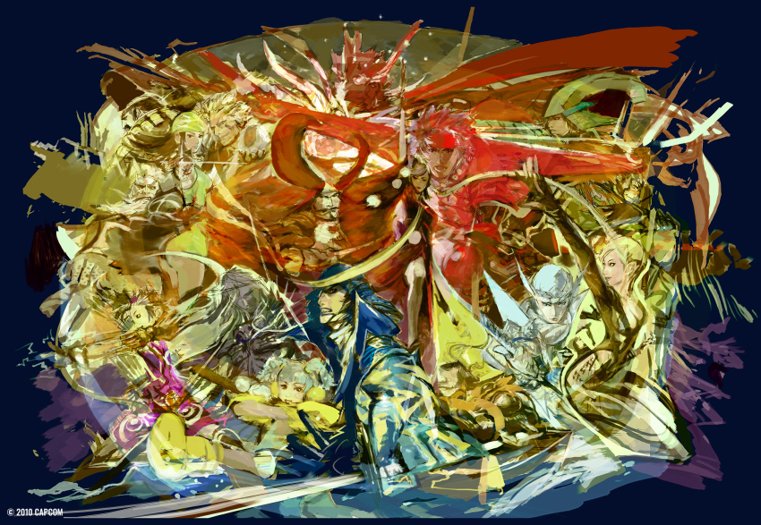 1other 4girls 6+boys akechi_mitsuhide_(sengoku_basara) arm_up armor beard black_bodysuit black_hair black_kimono blonde_hair blue_hair blunt_bangs bodysuit bow_(weapon) clenched_teeth company_name date_masamune_(sengoku_basara) everyone facial_hair fake_horns goatee grey_hair headband helmet highres honda_tadakatsu_(sengoku_basara) horns itsuki_(sengoku_basara) japanese_armor japanese_clothes kabuto_(helmet) kasuga_(sengoku_basara) kimono light_blue_hair long_hair maeda_toshiie_(sengoku_basara) matsu_(sengoku_basara) mori_ranmaru_(sengoku_basara) mouri_motonari_(sengoku_basara) multiple_boys multiple_girls mustache nouhime_(sengoku_basara) oda_nobunaga_(sengoku_basara) official_art open_mouth plunging_neckline red_headband sanada_yukimura_(sengoku_basara) sarutobi_sasuke_(sengoku_basara) sengoku_basara shimazu_yoshihiro_(sengoku_basara) short_hair short_hair_with_long_locks takeda_shingen_(sengoku_basara) teeth tokugawa_ieyasu_(sengoku_basara) tsuchibayashi_makoto twintails uesugi_kenshin_(sengoku_basara) weapon wide_sleeves zabii_(sengoku_basara)