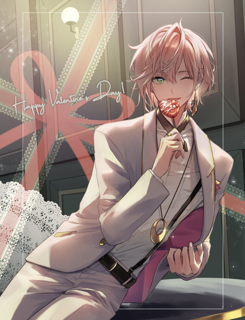 1boy absurdres alternate_costume backlighting bishounen candy commentary english_text facing_viewer food formal_clothes green_eyes grey_suit hair_between_eyes happy_valentine highres holostars jewelry lollipop looking_at_viewer luma8b male_focus necklace one_eye_closed pink_hair rikka_(holostars) shirt short_hair smile solo sparkle suit suspenders upper_body virtual_youtuber white_shirt