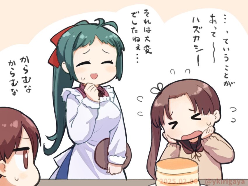 &gt;_&lt; apron ayanami_(kancolle) ayanami_kai_ni_(kancolle) black_ribbon blush bow breasts brown_hair closed_eyes commentary_request dated flying_sweatdrops food green_hair hair_bow hair_ribbon hands_on_own_cheeks hands_on_own_face holding holding_tray irako_(kancolle) kantai_collection kappougi kirigaya_yuuji long_hair long_sleeves multiple_girls open_mouth pancake pancake_stack plate ponytail red_bow ribbon shikinami_(kancolle) side_ponytail simple_background sweat translation_request tray twitter_username