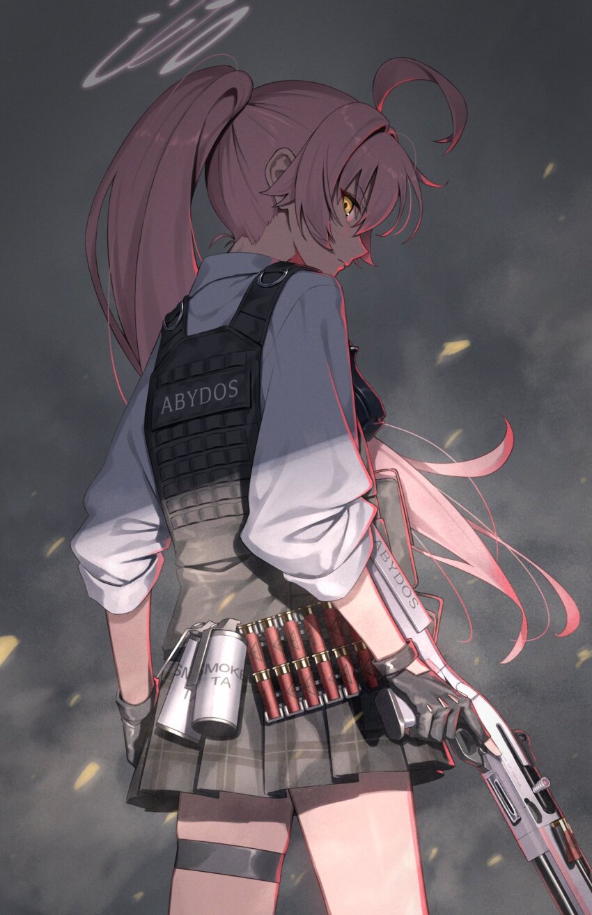 1girl ahoge beretta_1301 beretta_92 black_background black_gloves black_skirt black_vest blue_archive bulletproof_vest closed_mouth commentary_request fingerless_gloves gloves greenkohgen gun hair_between_eyes halo handgun highres holding holding_gun holding_weapon hoshino_(armed)_(blue_archive) hoshino_(blue_archive) hoshino_(young)_(blue_archive) long_hair looking_at_viewer orange_eyes pink_hair plaid_clothes plaid_skirt ponytail profile shirt shotgun shotgun_shell simple_background skirt smoke smoke_grenade solo thigh_strap trigger_discipline very_long_hair vest weapon white_shirt