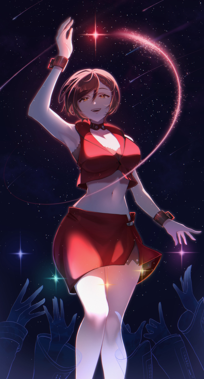 1girl absurdres arm_up breasts brown_eyes brown_hair cleavage collarbone commentary crop_top hair_between_eyes happy hatsune_miku headset highres kagamine_len kagamine_rin kaito_(vocaloid) looking_at_viewer megurine_luka meiko_(vocaloid) meiko_(vocaloid3) midriff night night_sky open_mouth reaching shooting_star short_hair skirt sky smile sole_(pzfk7228) solo_focus standing star_(sky) starry_sky vocaloid