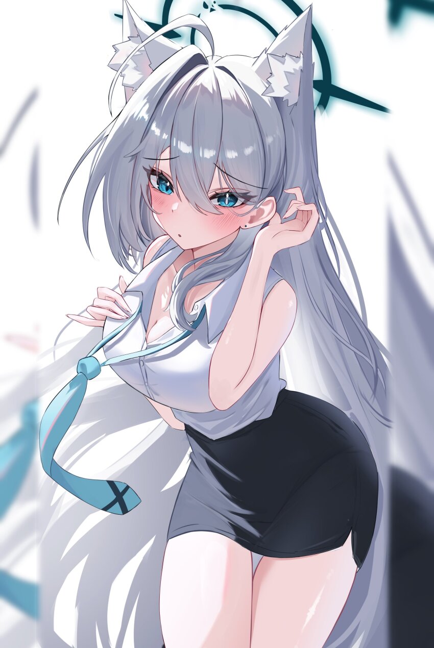 1girl absurdres ahoge alternate_costume alternate_hair_length alternate_hairstyle animal_ear_fluff animal_ears black_halo black_skirt blue_archive blue_eyes breasts bright_pupils broken_halo cleavage collared_shirt commentary_request earrings extra_ears grey_hair grey_necktie hair_between_eyes hair_intakes halo highres jewelry korean_commentary large_breasts looking_at_viewer loose_necktie medium_hair mismatched_pupils necktie office_lady open_mouth pencil_skirt pinky_out shiroko_(blue_archive) shiroko_terror_(blue_archive) shirt simple_background skirt sleeveless sleeveless_shirt solo stud_earrings thighs wgff4824 white_background white_pupils white_shirt wolf_ears wolf_girl