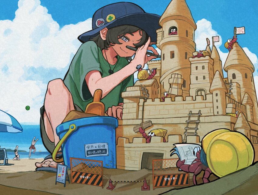 1boy 2girls ball beach beach_umbrella black_hair blue_eyes blueprint_(object) bucket chisel cloud cumulonimbus_cloud day flag green_shirt hammer hard_hat hat helmet hermit_crab highres ladder multiple_girls original outdoors sand sand_castle sand_sculpture shirt short_sleeves shorts smile squatting t-shirt umbrella water yamaso