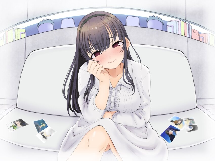 1girl black_hair black_hairband blush breasts buttons closed_mouth collarbone collared_dress couch crossed_legs dress hair_between_eyes hair_over_shoulder hairband hand_on_own_face hand_up highres indoors kimi_to_kanojo_to_kanojo_no_koi. long_hair looking_at_viewer medium_breasts musasi1218 nitroplus on_couch photo_(object) plant potted_plant red_eyes sitting smile solo sone_miyuki straight_hair tile_floor tiles white_dress