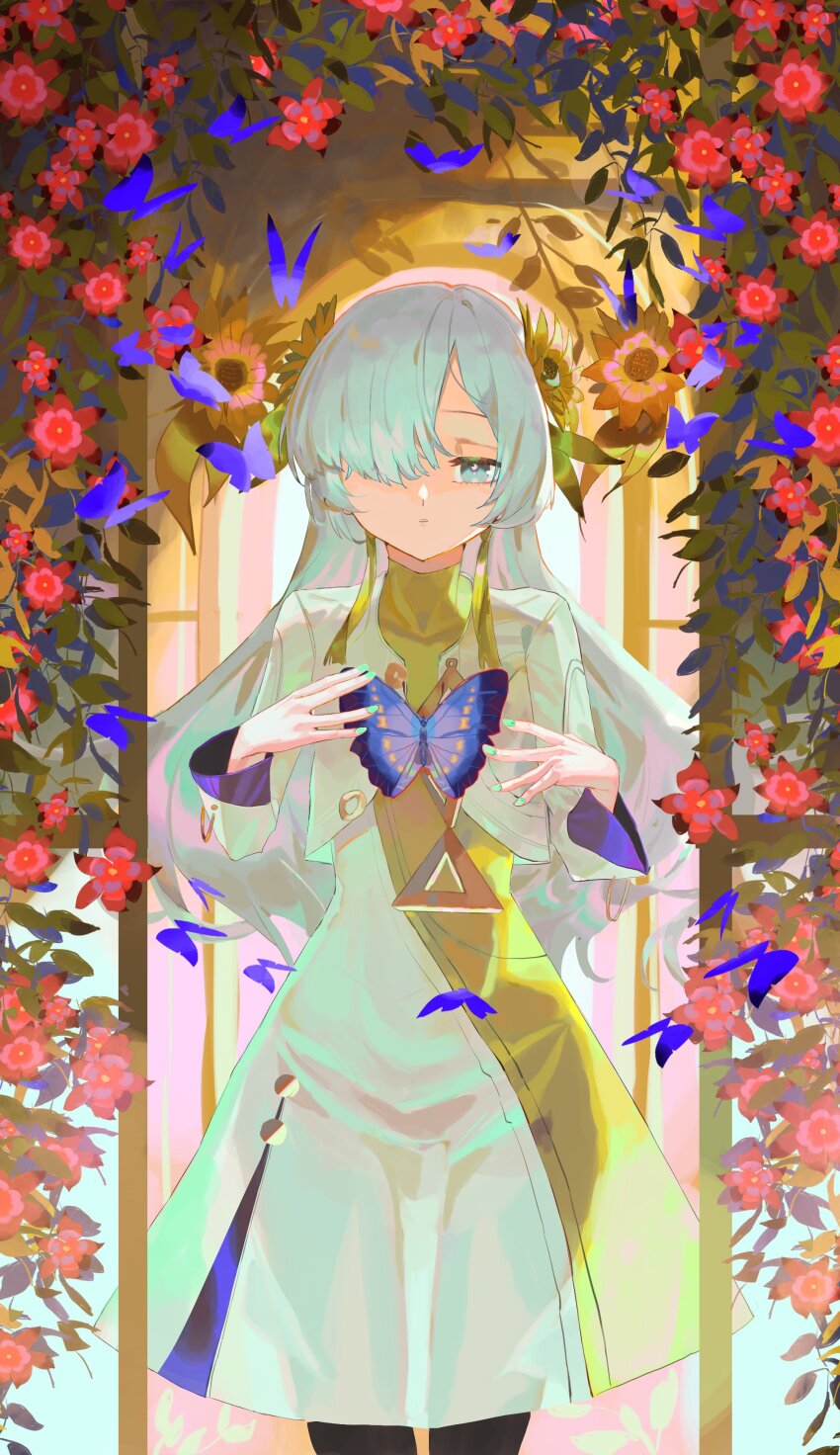 1girl absurdres anemone_(flower) aqua_nails asymmetrical_bangs black_pantyhose blonde_streaks blue_butterfly bright_pupils bug butterfly commentary cowboy_shot cropped_jacket dress flower grey_eyes grey_hair hair_flower hair_ornament hair_over_one_eye highres holding_butterfly iinagi_(kashiwa_keira) insect isekaijoucho jacket kamitsubaki_studio long_hair long_sleeves medium_dress one_eye_covered open_clothes open_jacket pantyhose parted_lips see-through_silhouette solo straight-on sunflower sunflower_hair_ornament turtleneck turtleneck_dress two-tone_dress virtual_youtuber white_dress window yellow_dress