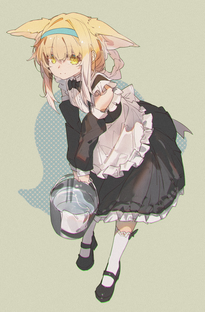 1girl alternate_costume animal_ears arknights black_bow black_bowtie black_dress black_shoes blonde_hair blue_hairband bow bowtie bucket closed_mouth clothing_cutout commentary dress enmaided extra_ears fox_ears fox_girl green_eyes hairband highres holding holding_bucket long_sleeves maid no_tail openvl puffy_long_sleeves puffy_sleeves shoes short_hair shoulder_cutout socks solo suzuran_(arknights) white_socks