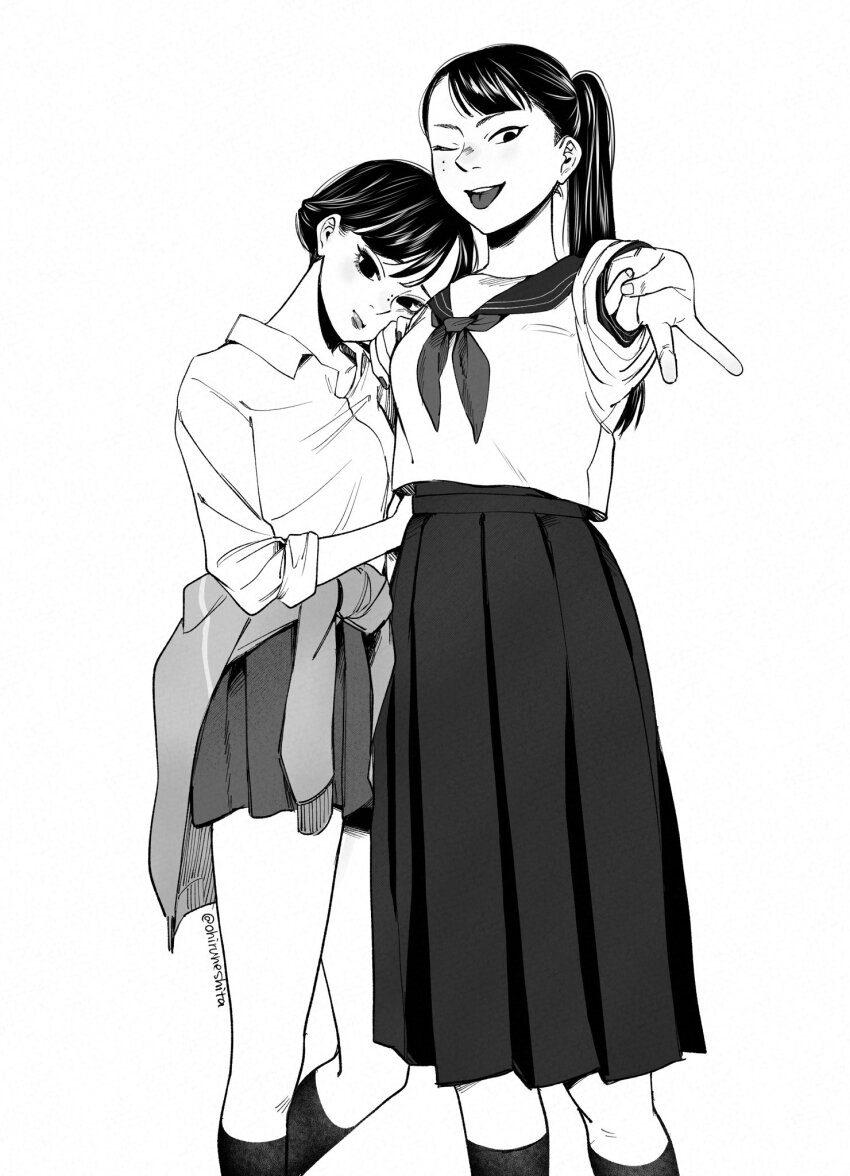 2girls benichidori clothes_around_waist collared_shirt cropped_legs dungeon_meshi hien highres jacket jacket_around_waist leaning_on_person long_hair looking_at_viewer mole mole_on_nose mole_under_eye monochrome multiple_girls neckerchief ohiruneshita one_eye_closed pleated_skirt ponytail sailor_collar school_uniform serafuku shirt skirt smile tongue tongue_out updo v