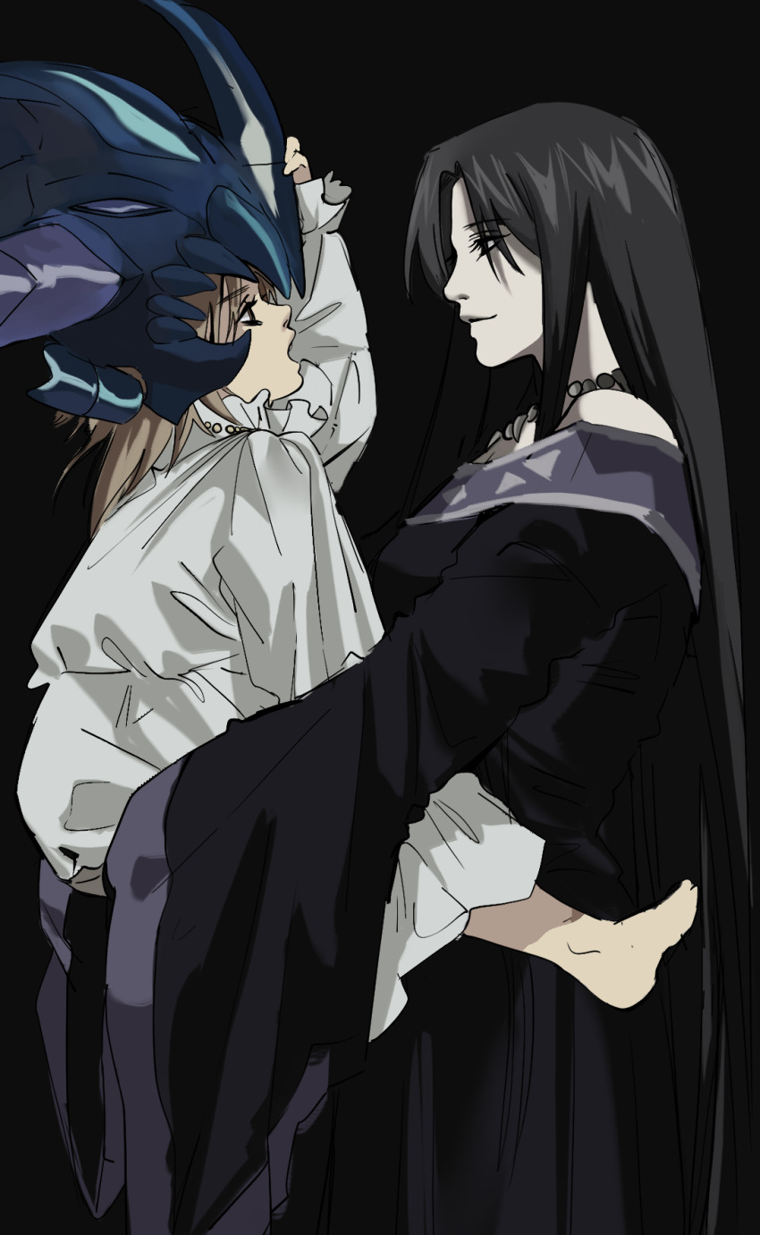 1boy 1girl adjusting_clothes adjusting_headwear bare_shoulders black_dress black_hair blonde_hair carrying carrying_person child child_carry cj-k dress eye_contact fake_horns from_side hand_on_headwear helmet highres horned_helmet horns if_they_mated jewelry long_hair long_sleeves looking_at_another mother_and_son necklace nightgown off-shoulder_dress off_shoulder open_mouth pale_skin pandora_(saint_seiya) profile saint_seiya saint_seiya:_the_lost_canvas smile white_nightgown wide_sleeves wyvern_rhadamanthys