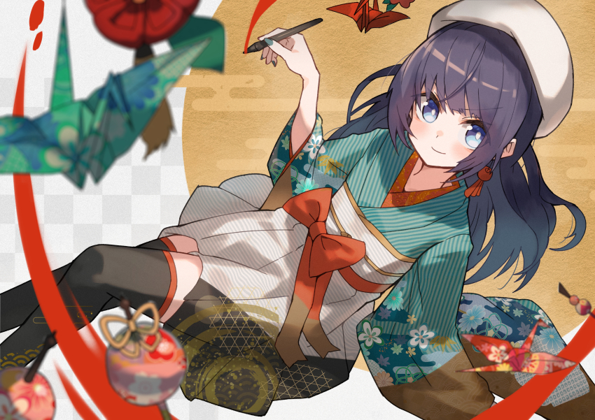 1girl absurdres beret black_hair black_thighhighs blue_eyes blurry blurry_foreground bow commission green_nails hat highres holding holding_stylus japanese_clothes katsu_(katsupainter) kimono long_hair looking_at_viewer multicolored_kimono nail_polish origami original paper_crane print_kimono red_sash sash sash_bow short_kimono skeb_commission smile solo striped_clothes striped_kimono stylus thighhighs white_hat