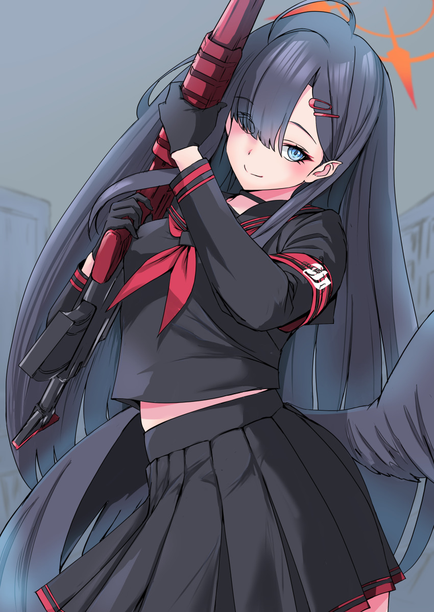1girl absurdres black_gloves black_hair black_shirt black_skirt blue_archive gloves highres ichika_(blue_archive) long_sleeves looking_at_viewer p.i.t.d shirt skirt smile solo