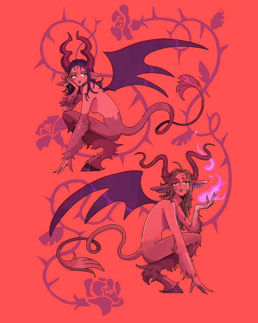 2girls animal_ears curled_horns demon_girl demon_tail demon_wings faith_schaffer from_side goat_ears goat_legs highres horns looking_at_viewer multiple_girls nude original red_background red_theme sitting squatting tail wings