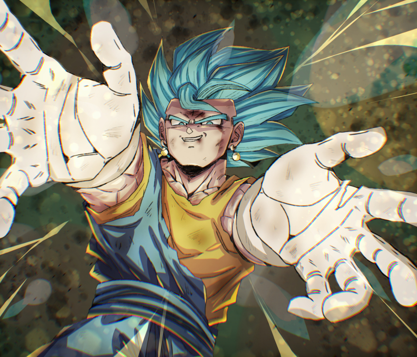 1boy blue_eyes blue_hair blue_pants blue_sash blue_shirt chiro_illust dougi dragon_ball dragon_ball_super earrings gloves highres jewelry muscular muscular_male orange_shirt outstretched_arms pants potara_earrings sash shirt smirk solo torn_clothes torn_gloves torn_shirt upper_body vegetto white_gloves