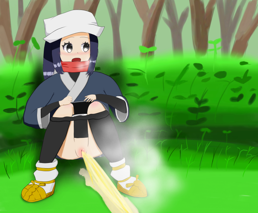 1girl absurdres akari_(pokemon) black_hair black_kimono black_pantyhose blush breath brown_sandals bush clothes_pull forest galaxy_expedition_team_survey_corps_uniform grass grey_eyes hat highres japanese_clothes k_(pixiv_109199668) kimono long_hair long_sleeves looking_down nature nintendo open_mouth panties panty_pull pantyhose pantyhose_pull peeing pokemon pokemon_legends:_arceus puddle pussy red_scarf relief sandals scarf socks squatting steam tree underwear white_hat white_panties white_socks
