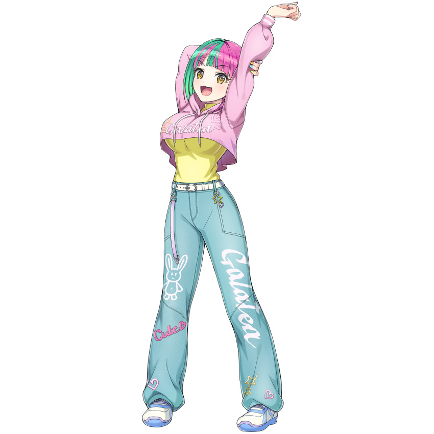 1girl :3 arm_behind_back arm_up belt bob_cut crop_top crop_top_overhang cropped_hoodie denim diagonal_bangs dolphin_wave game_cg green_hair helly_lewis highres holding_own_arm hood hoodie jeans looking_at_viewer multicolored_hair nail_polish non-web_source official_alternate_costume official_art ootomo_takuji open_mouth pants pink_hair pink_hoodie shirt shoes simple_background smile sneakers solo split-color_hair stretching transparent_background two-tone_hair white_background yellow_eyes yellow_shirt