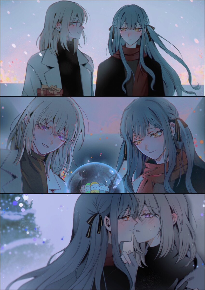 2girls bang_dream! bang_dream!_it&#039;s_mygo!!!!! black_ribbon black_sweater blonde_hair blue_hair blush christmas_tree closed_mouth commentary eye_contact hair_between_eyes hair_ribbon highres imminent_kiss jacket long_hair looking_at_another maybecrosswise medium_hair misumi_uika multiple_girls open_clothes open_jacket open_mouth parted_lips purple_eyes red_scarf ribbon scarf sidelocks smile snow_globe sweatdrop sweater symbol-only_commentary togawa_sakiko two_side_up wakaba_mutsumi white_jacket yahata_umiri yellow_eyes yuri yuutenji_nyamu