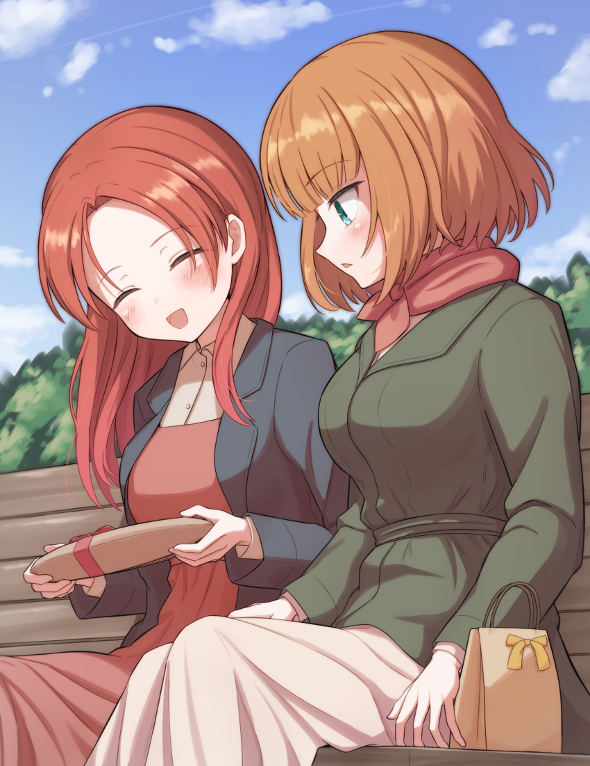 2girls alternate_costume bag bench black_jacket blue_sky blush brave_witches breasts chair closed_eyes cloud day green_jacket gundula_rall highres holding jacket large_breasts long_hair minna-dietlinde_wilcke multiple_girls open_mouth orange_hair outdoors park park_bench red_eyes red_scarf scarf shionic_zm short_hair sitting sky strike_witches world_witches_series