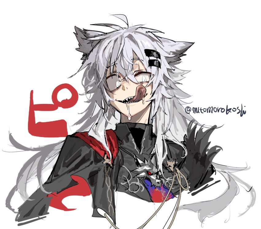 1girl animal_ears arknights black_jacket brooch constricted_pupils cropped_shoulders evil_smile hair_ornament hairclip highres jacket jewelry lappland_(arknights) lappland_the_decadenza_(arknights) licking_lips long_hair long_tongue looking_at_viewer messy_hair mutomorokoshi open_mouth scar scar_across_eye scar_on_face sharp_teeth simple_background smile solo teeth tongue tongue_out twitter_username uneven_eyes white_background white_eyes white_hair wolf_ears wolf_girl