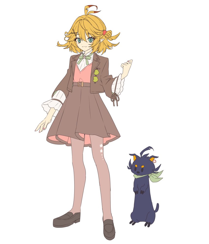 1girl absurdres ahoge alternate_costume alternate_hairstyle aqua_eyes artist_request belt black_shoes blonde_hair brown_belt brown_jacket brown_pantyhose brown_skirt creature doki_amber_doge_(dokibird) dokibird_(vtuber) dokibird_(vtuber)_(bounty_hunter) full_body green_neckerchief green_ribbon hair_ornament hairclip highres indie_virtual_youtuber jacket long_sleeves medium_hair nail_polish neck_ribbon neckerchief open_clothes open_jacket pantyhose pink_nails pink_vest pointy_ears ribbon shirt shoes simple_background skirt solo vest virtual_youtuber white_background white_shirt