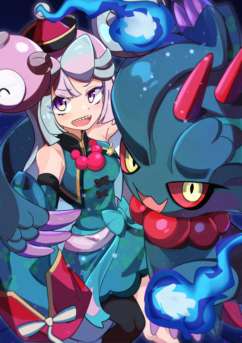 flutter_mane highres iono_(fall_2024)_(pokemon) iono_(pokemon) jiangshi_costume nintendo official_alternate_costume pokemon pokemon_masters_ex sharp_teeth teeth umiru