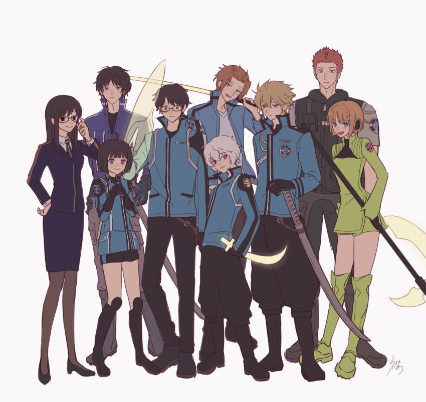 3girls 6+boys amatori_chika black_boots black_eyes black_gloves black_hair black_jacket black_necktie black_pantyhose black_shoes black_shorts black_skirt black_vest blonde_hair blue_eyes blue_jacket bob_cut boots brown_hair closed_mouth collared_jacket erinan full_body glasses gloves green_boots green_jacket green_shorts grey_shirt hand_up hands_up highres holding holding_polearm holding_weapon hyuse jacket jin_yuuichi karasuma_kyousuke kizaki_reiji konami_kirie kuga_yuuma long_hair long_sleeves mikumo_osamu multiple_boys multiple_girls necktie pantyhose polearm purple_eyes red_eyes red_hair sheath sheathed shirt shoes short_hair short_shorts shorts simple_background skirt smile standing sword usami_shiori vest weapon white_background white_shirt world_trigger
