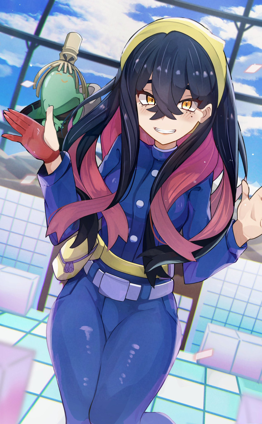 1girl belt black_hair blue_jacket blue_pants buttons carmine_(pokemon) commentary_request crossed_bangs day fanny_pack gloves grin hair_between_eyes hairband hands_up highres jacket long_hair long_sleeves looking_at_viewer mole mole_under_eye nintendo pants partially_fingerless_gloves pokemon pokemon_(creature) pokemon_sv single_glove sinistcha smile standing teeth umiru yellow_bag yellow_eyes yellow_hairband