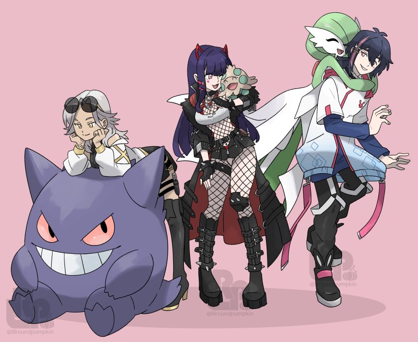 1boy 3girls :3 ^_^ absurdres akuma_nihmune akuma_nihmune_(demon_past) arm_up artist_name bare_shoulders belt bent_over black_choker black_coat black_eyes black_footwear black_gloves black_hair black_pants black_shirt black_shorts black_skirt blue_shirt blunt_bangs bob_cut bodystocking boots bracelet breasts carrot_hair_ornament choker cleavage closed_eyes closed_mouth coat colored_sclera colored_skin commission crop_top dagger dark-skinned_female dark_skin eye_contact facial_mark fake_horns fingerless_gloves fishnets food-themed_hair_ornament full_body gardevoir gen_1_pokemon gen_3_pokemon gengar gloves green_hair green_skin grey_hair grey_shirt grin hair_ornament hairclip half-closed_eyes hand_on_own_thigh hand_up hands_on_own_cheeks hands_on_own_face hands_up happy heart high_heels highres horns hug hug_from_behind jacket jewelry knee_boots knife layered_sleeves leaning_on_person leg_up lilroundpumpkin long_hair long_sleeves looking_at_another looking_back looking_down looking_up medium_breasts microskirt multicolored_hair multicolored_skin multiple_girls nintendo off_shoulder official_style one_eye_closed open_clothes open_coat open_jacket open_mouth original pants pink_background pink_eyes pleated_skirt pokemon pokemon_(creature) pokemon_on_arm purple_hair rabbit_hair_ornament red_hair red_sclera ring sheath sheathed shirt shoes short_over_long_sleeves short_shorts short_sleeves shorts shroomish sidelocks simple_background sitting skirt sleeveless sleeveless_shirt smile spiked_bracelet spikes split_mouth standing standing_on_one_leg streaked_hair teeth thigh_boots thigh_strap twitter_username two-sided_coat two-sided_fabric two-tone_hair two-tone_skin virtual_youtuber watermark weapon white_jacket white_skin yellow_eyes zipper_pull_tab