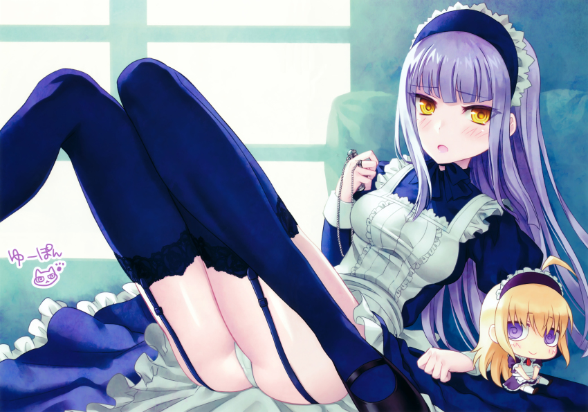 2girls absurdres ahoge anna_(gekkou_no_carnevale) blonde_hair blue_thighhighs blush chibi gekkou_no_carnevale highres huge_filesize incredibly_absurdres long_hair long_legs maid maid_headdress multiple_girls oosaki_shin&#039;ya open_mouth pants perla purple_eyes purple_hair smile thighhighs yellow_eyes