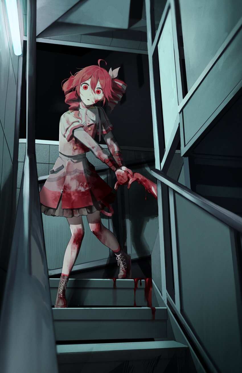 1girl absurdres ahoge ankle_socks aruminsuko black_boots black_skirt black_sleeves blood blood_on_clothes blood_on_face blood_on_hands blood_on_leg boots bow buttons corpse grey_jacket hair_between_eyes hair_bow hair_ribbon highres holding_hands implied_murder indoors jacket juliet_sleeves kasane_teto kasane_teto_(sv) lace-up_boots layered_skirt long_sleeves looking_at_viewer midriff_peek musical_staff musical_staff_print puffy_sleeves red_hair red_skirt red_trim ribbon skirt socks stairs standing striped_clothes striped_jacket sweat synthesizer_v translation_request utau white_bow white_ribbon