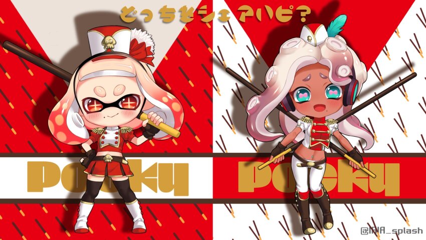 2girls alternate_costume aqua_eyes band_uniform belt black_belt black_gloves black_thighhighs blush boots bow breasts brown_footwear brown_hair cephalopod_eyes chibi chibi_only closed_mouth commentary_request cropped_jacket cross-shaped_pupils dark-skinned_female dark_skin epaulettes feather_hair_ornament feathers fingerless_gloves food full_body furrowed_brow garrison_cap gloves gradient_hair groin hair_bow hair_ornament hand_on_own_hip hat headphones highres holding holding_food horizontal_pupils inkling iria_(yumeirokingyo) jacket long_hair marina_(splatoon) medium_hair midriff mole mole_under_mouth multicolored_hair multiple_girls navel navel_piercing nintendo octoling oversized_food oversized_object pants parted_bangs pearl_(splatoon) piercing pink_hair pink_pupils pleated_skirt pocky puffy_short_sleeves puffy_sleeves red_bow red_eyes red_hair red_skirt shako_cap short_bangs short_sleeves skirt smile splatoon_(series) splatoon_2 symbol-shaped_pupils thick_eyebrows thighhighs translation_request two-tone_hair v-shaped_eyebrows white_footwear white_hair white_hat white_jacket white_pants