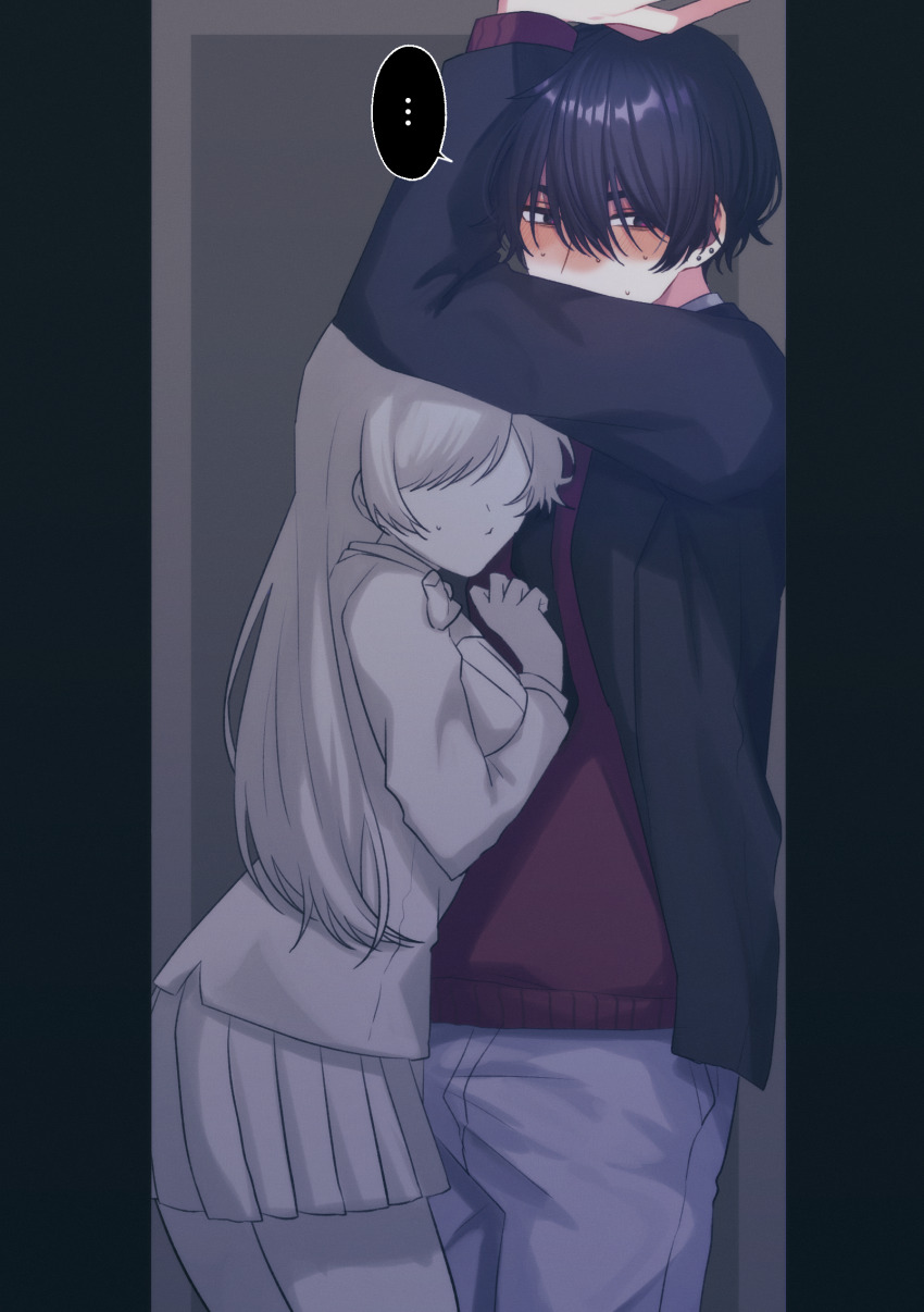 ... 1boy 1girl blue_hair blush commentary_request ear_piercing faceless faceless_female hetero highres jacket long_hair male_focus open_clothes open_jacket original piercing purple_eyes short_hair sibagon_58 skirt spoken_ellipsis trapped