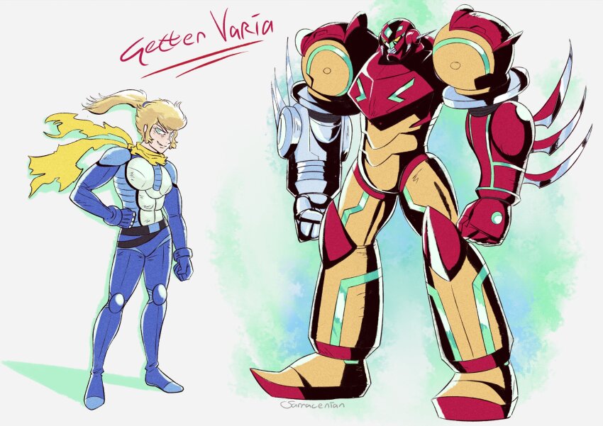 arm_blade armor belt black_belt blonde_hair bodysuit crossover drill fusion getter_rays getter_robo glove_pull green_eyes highres mecha mechanization metal metroid multiple_belts nintendo pilot_suit ponytail power_suit power_suit_(metroid) red_armor reverse_trap robot samus_aran sarracenian scarf shin_getter-1 smile smirk torn_clothes torn_scarf varia_suit weapon yellow_armor yellow_scarf zero_suit