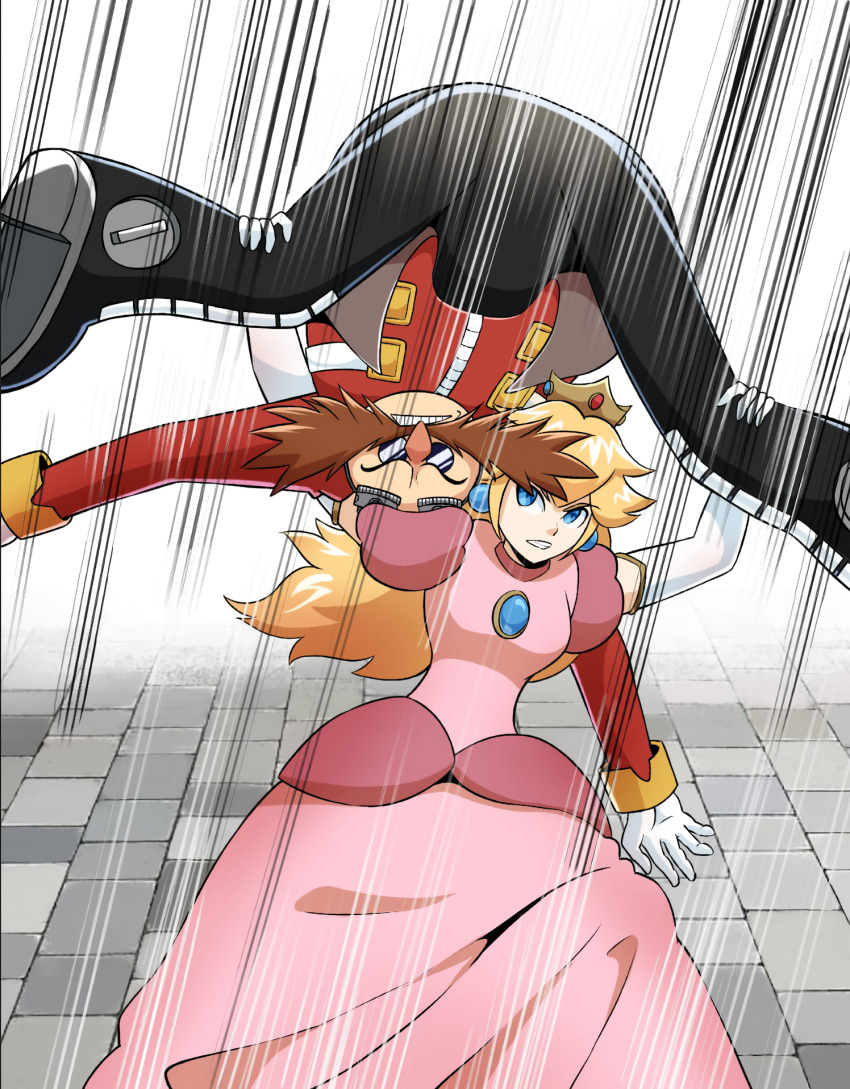 1boy 1girl blonde_hair blue_eyes breasts clenched_teeth crossover domination dr._eggman dress facial_hair femdom gloves highres kinniku_buster large_breasts legs mario_(series) mustache nintendo pants princess princess_peach sega sonic_(series) sunglasses teeth thighs upside-down wrestling