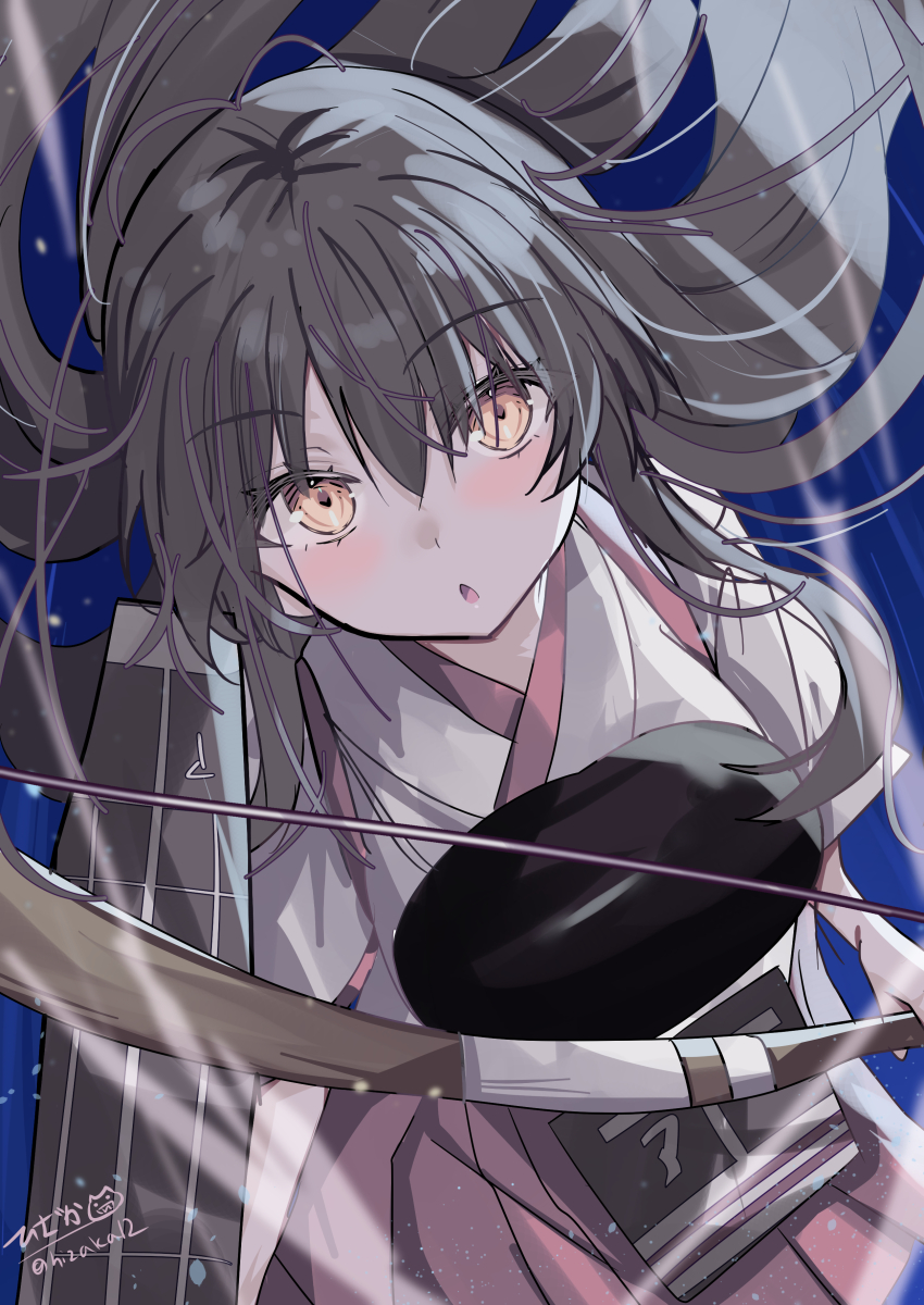 1girl absurdres akagi_(kancolle) black_hair blush bow brown_eyes flight_deck highres hizaka kantai_collection long_hair looking_at_viewer muneate open_mouth rigging skirt solo twitter_username yumi_(bow)