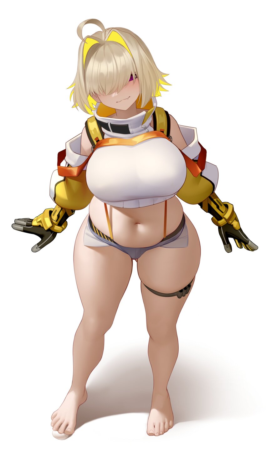 1girl absurdres ahoge bare_legs barefoot black_gloves blonde_hair breasts closed_mouth crop_top curvy egg elegg_(nikke) fang fang_out full_body gloves goddess_of_victory:_nikke hair_intakes hair_over_eyes highres kairunoburogu large_breasts looking_at_viewer micro_shorts midriff multicolored_hair navel plump purple_eyes short_hair shorts simple_background smile solo standing thigh_strap white_background wide_hips