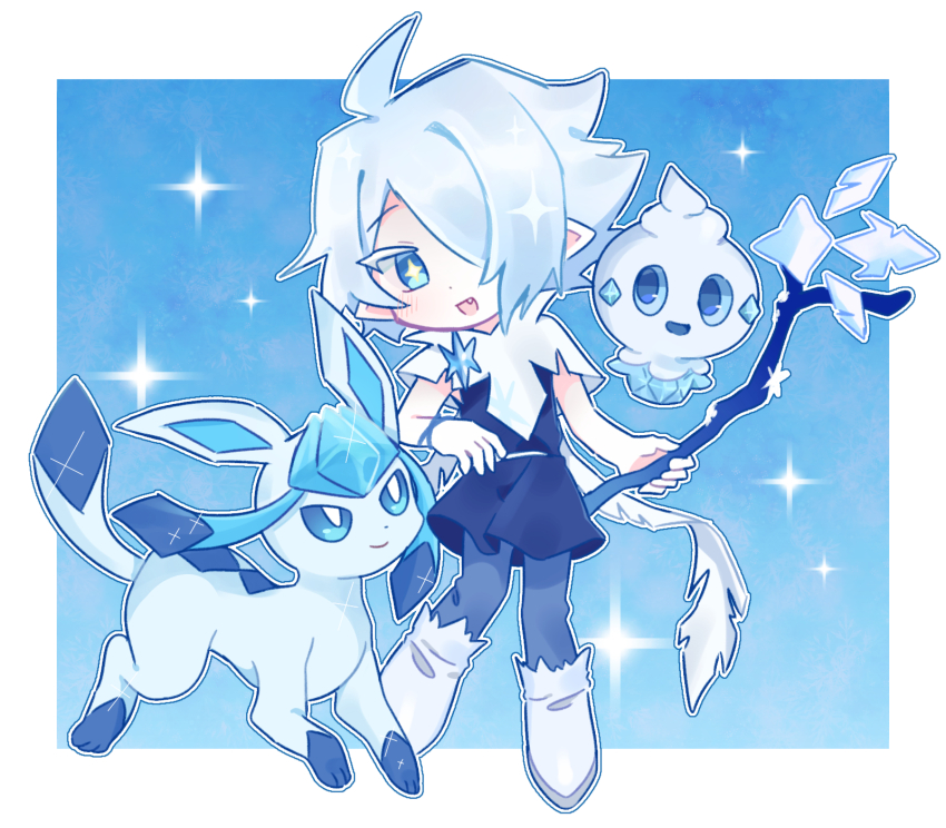 1boy ahoge asymmetrical_bangs asymmetrical_hair blue_background blue_eyes blue_fur blue_hair blue_pants blue_tunic boots border bracelet branch bright_pupils commentary cookie_run cookie_run:_kingdom crest cyan_eyes dbrs diamond_print dot_nose fang floating floating_scarf full_body gen_4_pokemon gen_5_pokemon glaceon hair_over_one_eye happy highres holding holding_branch holding_staff humanization ice ice_crystal jewelry light_blush looking_at_animal looking_at_another multicolored_eyes nintendo open_mouth pale_blue_hair pale_skin pants pointy_ears pokemon raised_eyebrows scarf sherbet_cookie short_hair simple_background sleeveless smile snow staff staff_(weapon) star-shaped_pupils star_(symbol) star_ornament symbol-shaped_pupils tagme torn_clothes torn_footwear tunic two-tone_eyes vanillite white_border white_footwear white_hair white_pupils white_scarf
