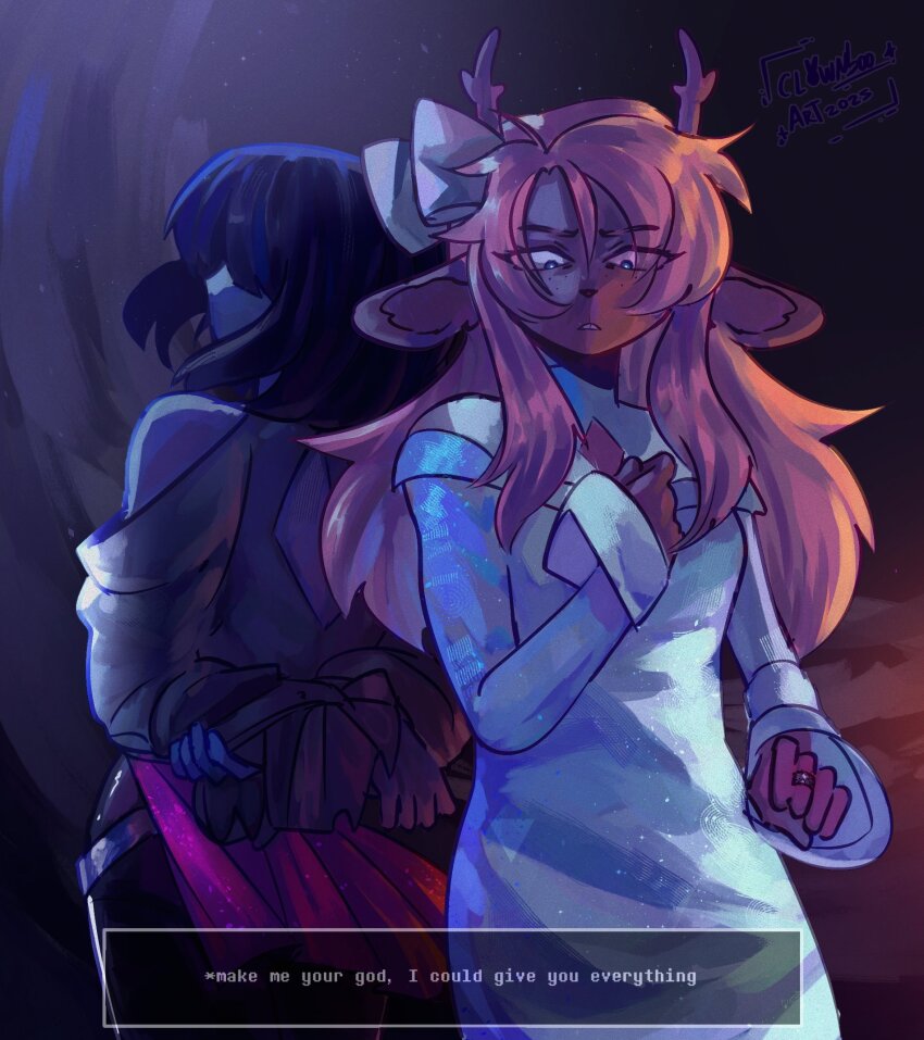 1girl 1other alien_stage animal_ears antlers arms_behind_back back_cutout blonde_hair blue_eyes blue_hair blue_skin clothing_cutout clownboo colored_skin commentary deer_antlers deer_ears deer_girl deltarune dialogue_box dress english_commentary english_text grey_shirt highres horns kris_(deltarune) long_hair long_sleeves lyrics noelle_holiday shirt short_hair signature white_dress
