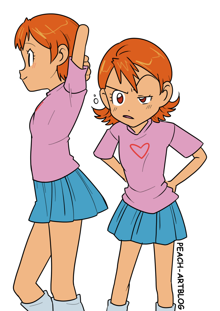 1girl absurdres arms_behind_head child digimon digimon_adventure heart highres orange_hair peach-artblog short_hair simple_background skirt smile solo takenouchi_sora white_background