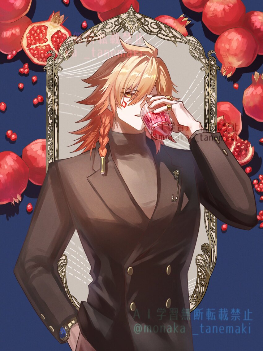 1boy black_suit buttons food formal_clothes fruit grin highres honkai:_star_rail honkai_(series) male_focus medium_hair messy mirror mydei_(honkai:_star_rail) orange_hair red_tattoo smile solo suit tanemaki_monaka teeth twitter_username watermark