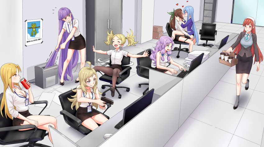 6+girls absurdres ahoge aqua_necktie azura_(fire_emblem) badge black_skirt blonde_hair box cabinet can cardboard_box chair cherche_(fire_emblem) clarisse_(fire_emblem) coffee collared_shirt commission commissioner_upload computer_mouse cubicle door drink drink_can file_cabinet fire_emblem fire_emblem:_new_mystery_of_the_emblem fire_emblem:_the_binding_blade fire_emblem:_the_blazing_blade fire_emblem_awakening fire_emblem_fates florina_(fire_emblem) frog grey_eyes gun handgun headdress heart high_ponytail highres holding holding_drink holding_gun holding_weapon igni_tion jacket kagero_(fire_emblem) kagero_(resplendent)_(fire_emblem) kiss lanyard lissa_(fire_emblem) long_hair monitor motion_lines multiple_girls necktie nintendo non-web_source office office_chair office_lady open_clothes open_jacket ophelia_(fire_emblem) paper_shredder paper_stack ponytail poster_(object) purple_hair shirt sitting sitting_on_person skirt soda_can sophia_(fire_emblem) straddling sweater_vest swivel_chair tape twintails upright_straddle very_long_hair weapon white_shirt yuri