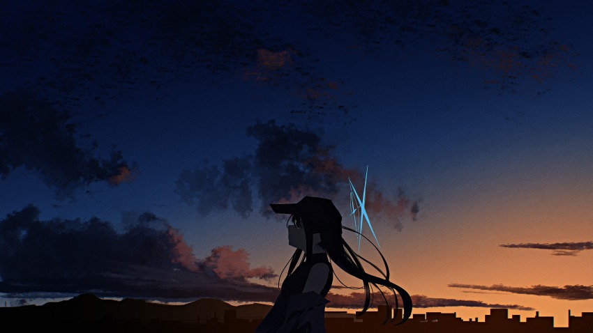 1girl absurdres baseball_cap black_hair blue_archive cloud commentary_request facing_to_the_side halo hat highres kani_etizen03 long_hair mountainous_horizon night night_sky orange_sky scenery sky skyline twilight
