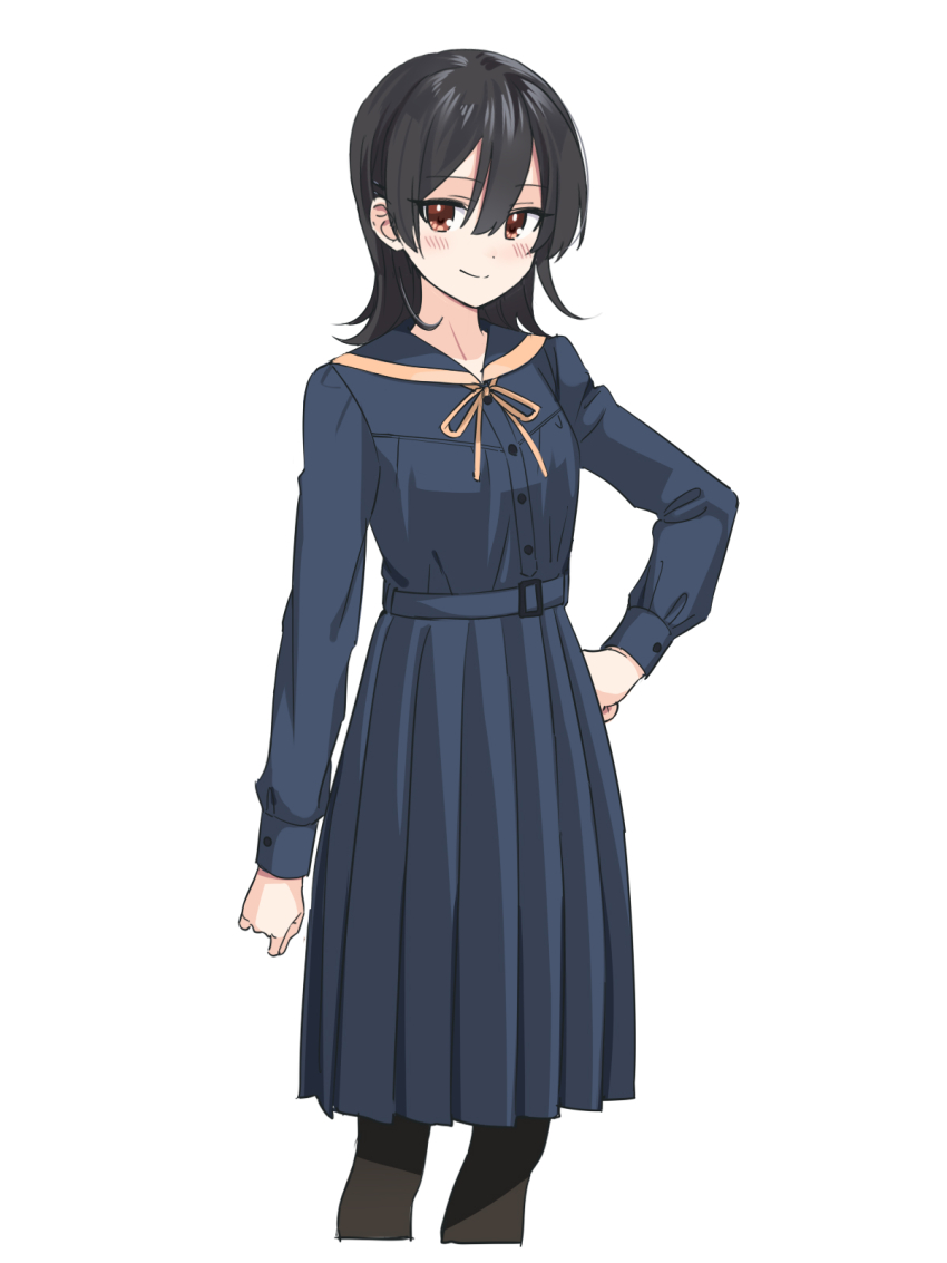 1girl black_hair black_shirt black_skirt black_thighhighs blush closed_mouth cropped_legs highres kisaragi_hina long_sleeves looking_at_viewer medium_hair original red_eyes shirt simple_background skirt solo thighhighs white_background