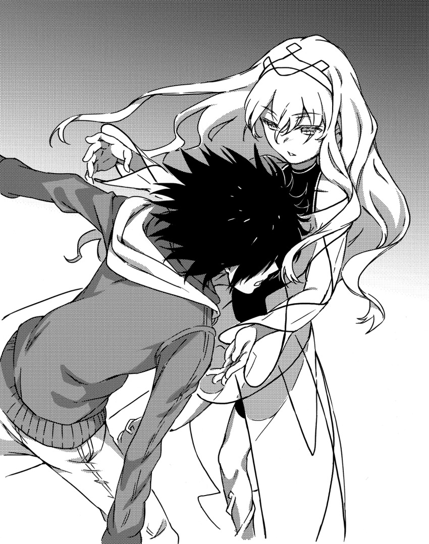 1boy 1girl black_hair cendrillon_(toaru_majutsu_no_index) falling haimura_kiyotaka highres hood hoodie jacket kamijou_touma long_hair long_sleeves monochrome novel_illustration official_art skin_tight skinsuit toaru_majutsu_no_index toaru_majutsu_no_index:_new_testament white_background