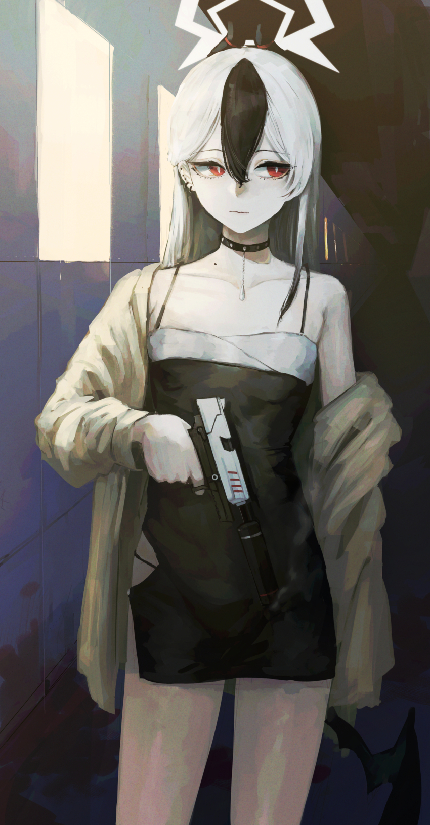 1girl absurdres black_choker black_dress black_hair black_horns blue_archive choker collarbone demon_horns diamond_necklace dress ear_piercing grey_halo gun h&amp;k_p30 hair_between_eyes halo handgun highres horns jacket kayoko_(blue_archive) kayoko_(dress)_(blue_archive) long_hair long_sleeves mole mole_on_collarbone multicolored_hair official_alternate_costume piercing red_eyes single_wing studded_choker suppressor weapon white_hair wings y4mori_gekko