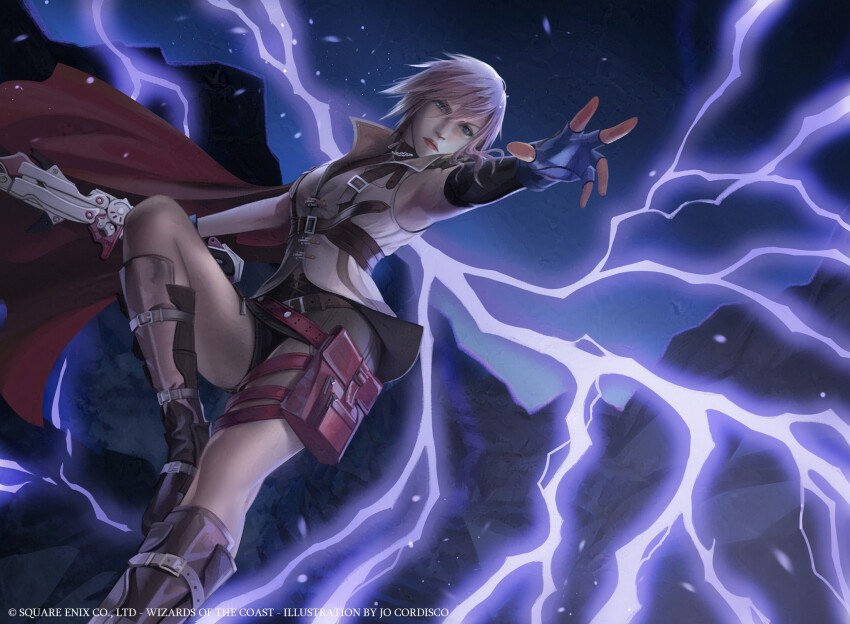 1girl blazefire_saber cape copyright_notice electricity final_fantasy final_fantasy_xiii fingerless_gloves gloves gunblade highres lightning_farron looking_at_viewer magic magic:_the_gathering miniskirt night official_art outstretched_arm pink_hair shin_guards skirt solo weapon yuxingart