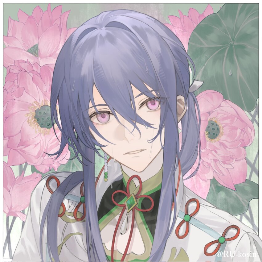 1boy bishounen border chinese_clothes clothing_cutout earrings ensemble_stars! flower from_above gem green_gemstone hair_between_eyes hair_intakes hair_over_shoulder high_collar highres jacket jewelry kanzaki_souma leaf long_hair looking_at_viewer motoyui official_alternate_costume outside_border pankou parted_lips pink_eyes pink_flower ponytail portrait purple_hair ru_kosin sidelocks solo twitter_username wet wet_face wet_hair white_border white_jacket